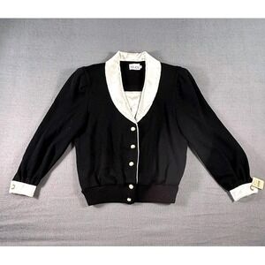 Vintage Nilani Black Sweater Pearl Button White Satin Trim 80s M Preppy Parisian